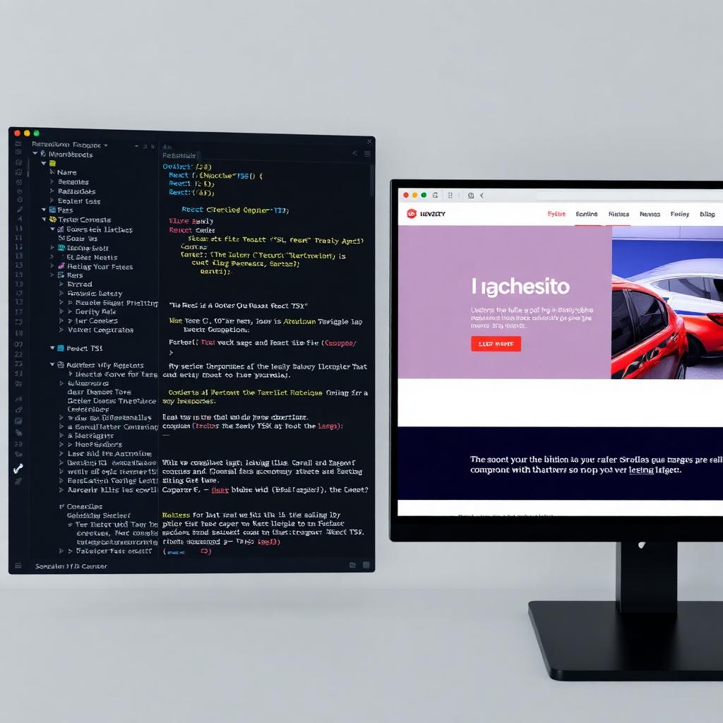 Frontend engineering — VS Code with React TSX next to a rendered landing page