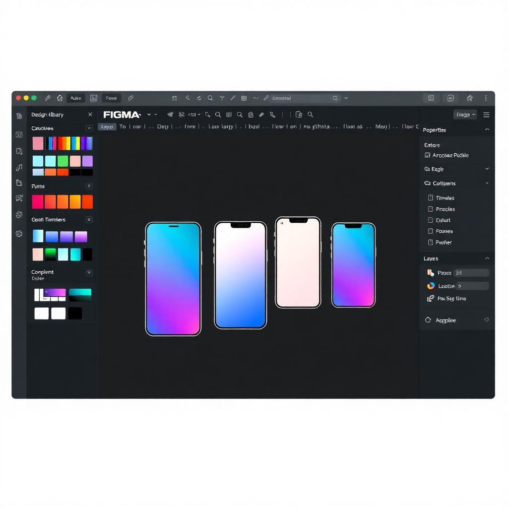UI / UX design — Figma canvas with component library and mobile frames