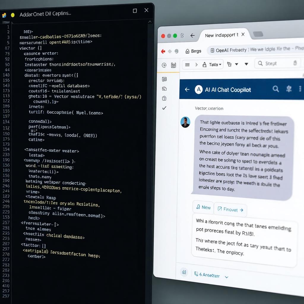 AI integrations — RAG pipeline code next to a chat copilot UI
